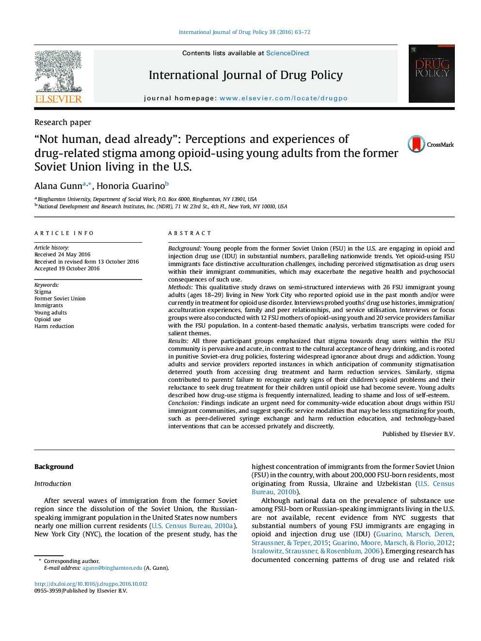 “Not human, dead already”: Perceptions and experiences of drug-related stigma among opioid-using young adults from the former Soviet Union living in the U.S.