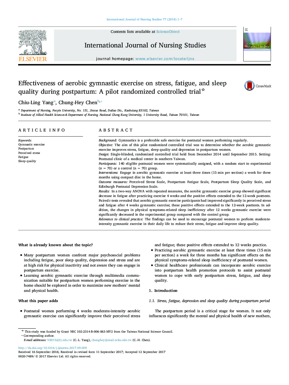 Effectiveness of aerobic gymnastic exercise on stress, fatigue, and sleep quality during postpartum: A pilot randomized controlled trial