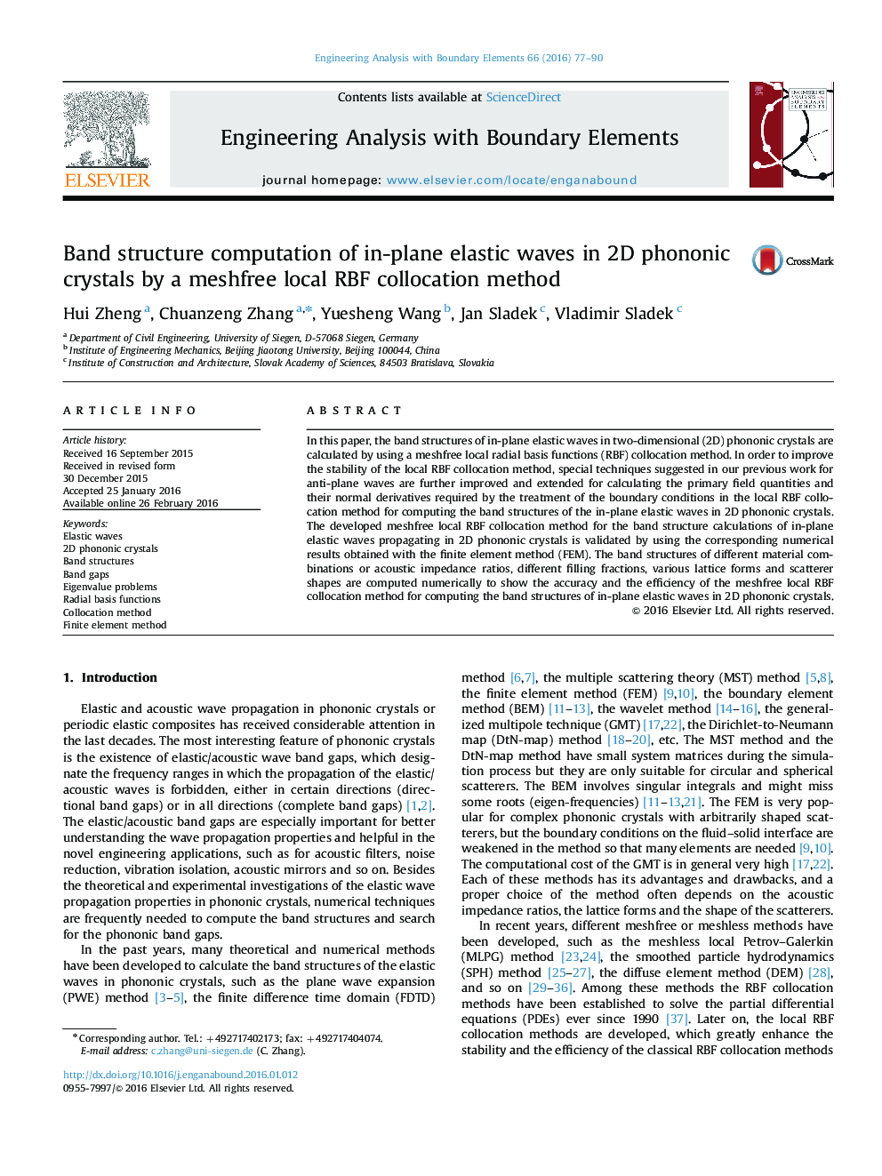 Band structure computation of in-plane elastic waves in 2D phononic crystals by a meshfree local RBF collocation method