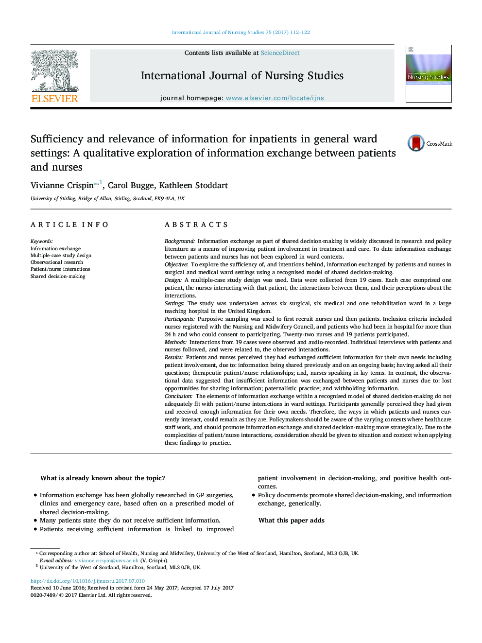 Sufficiency and relevance of information for inpatients in general ward settings: A qualitative exploration of information exchange between patients and nurses