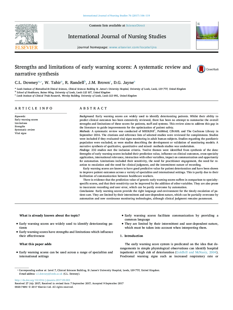 Strengths and limitations of early warning scores: A systematic review and narrative synthesis