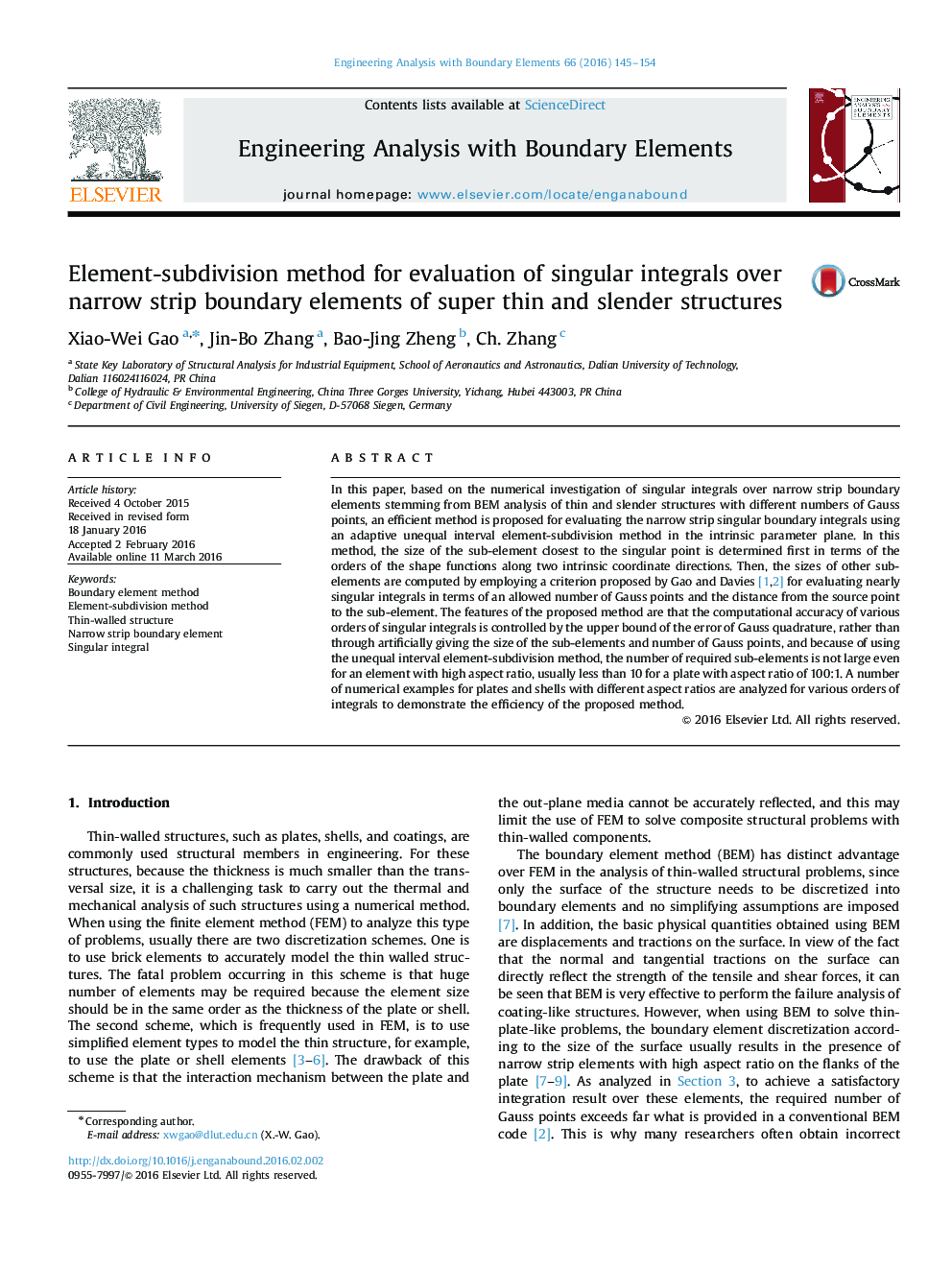 Element-subdivision method for evaluation of singular integrals over narrow strip boundary elements of super thin and slender structures