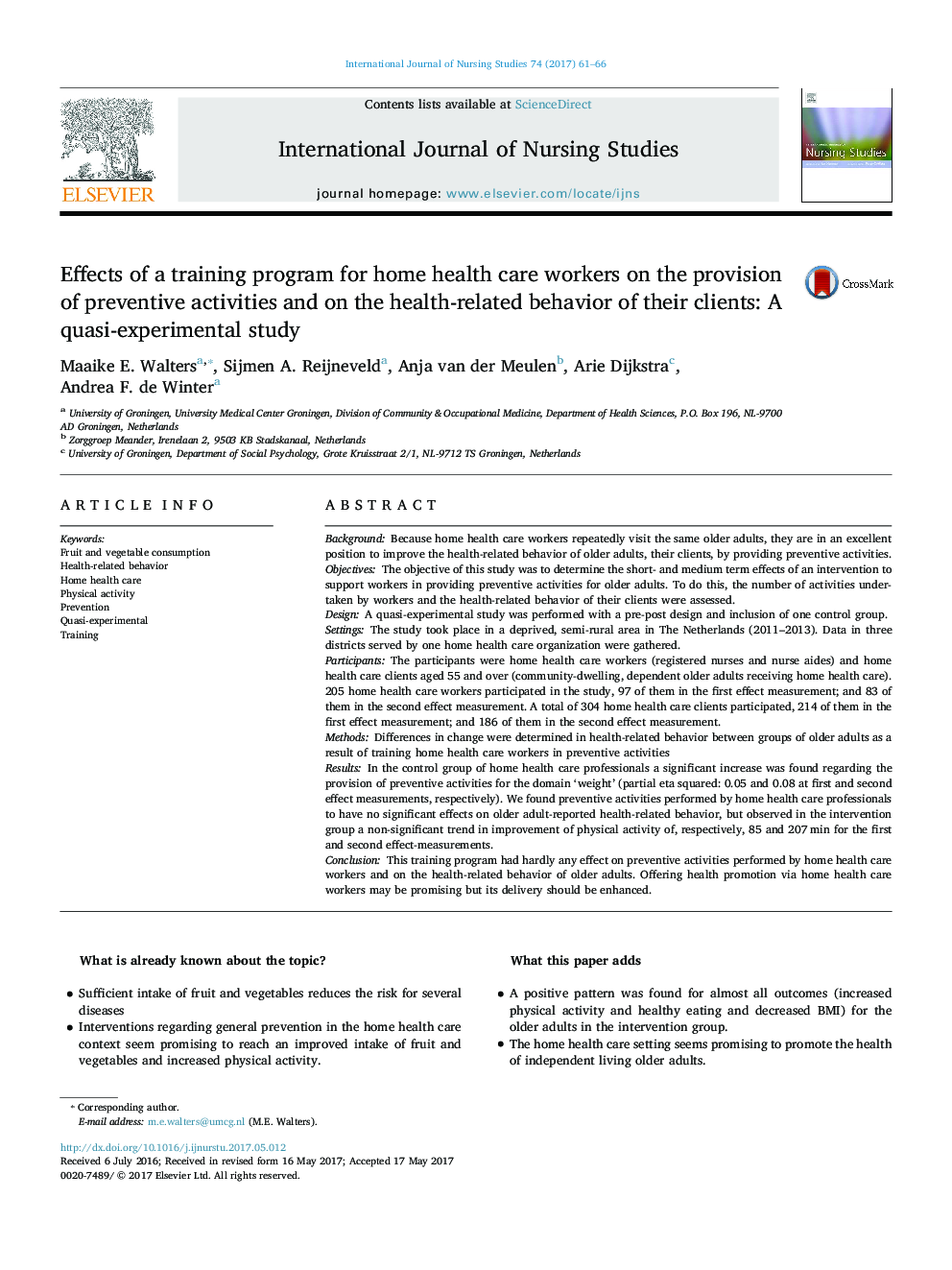 Effects of a training program for home health care workers on the provision of preventive activities and on the health-related behavior of their clients: A quasi-experimental study