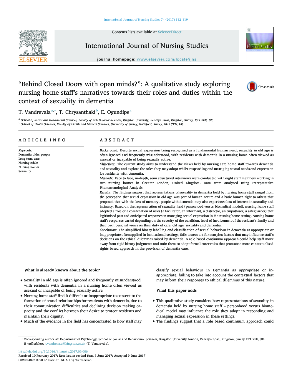 “Behind Closed Doors with open minds?”: A qualitative study exploring nursing home staff's narratives towards their roles and duties within the context of sexuality in dementia