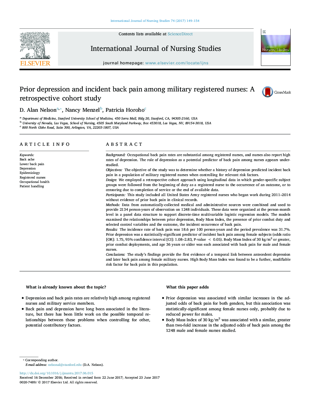 Prior depression and incident back pain among military registered nurses: A retrospective cohort study