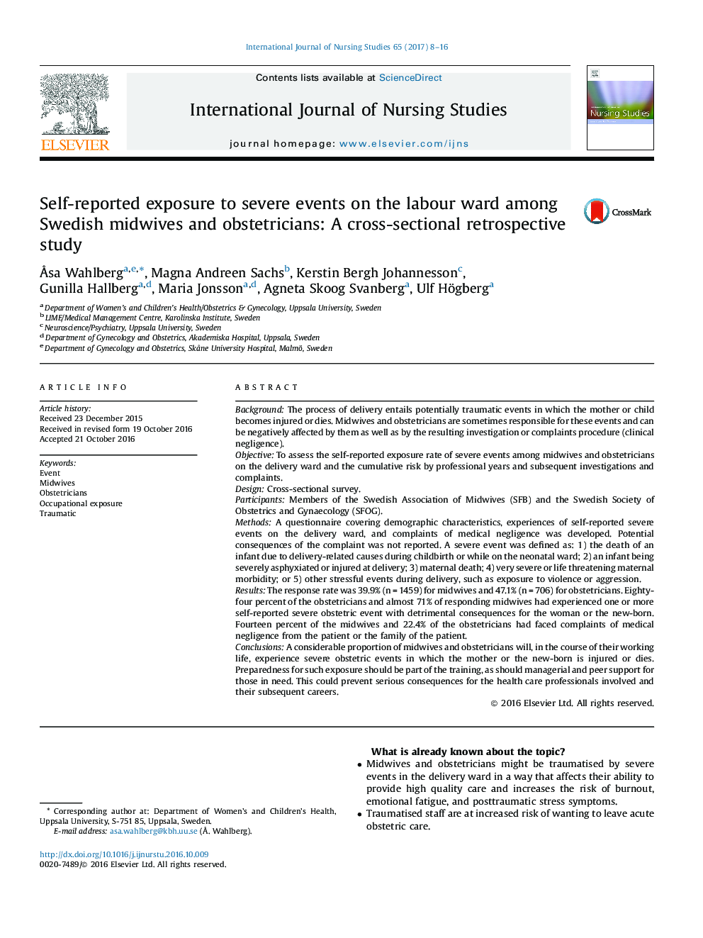 Self-reported exposure to severe events on the labour ward among Swedish midwives and obstetricians: A cross-sectional retrospective study