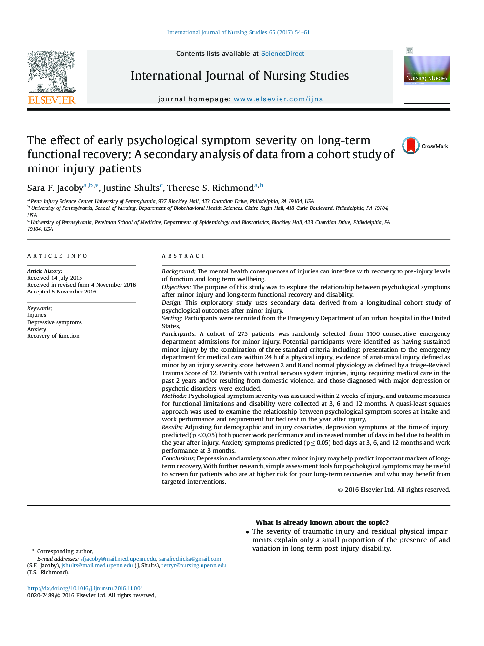 The effect of early psychological symptom severity on long-term functional recovery: A secondary analysis of data from a cohort study of minor injury patients