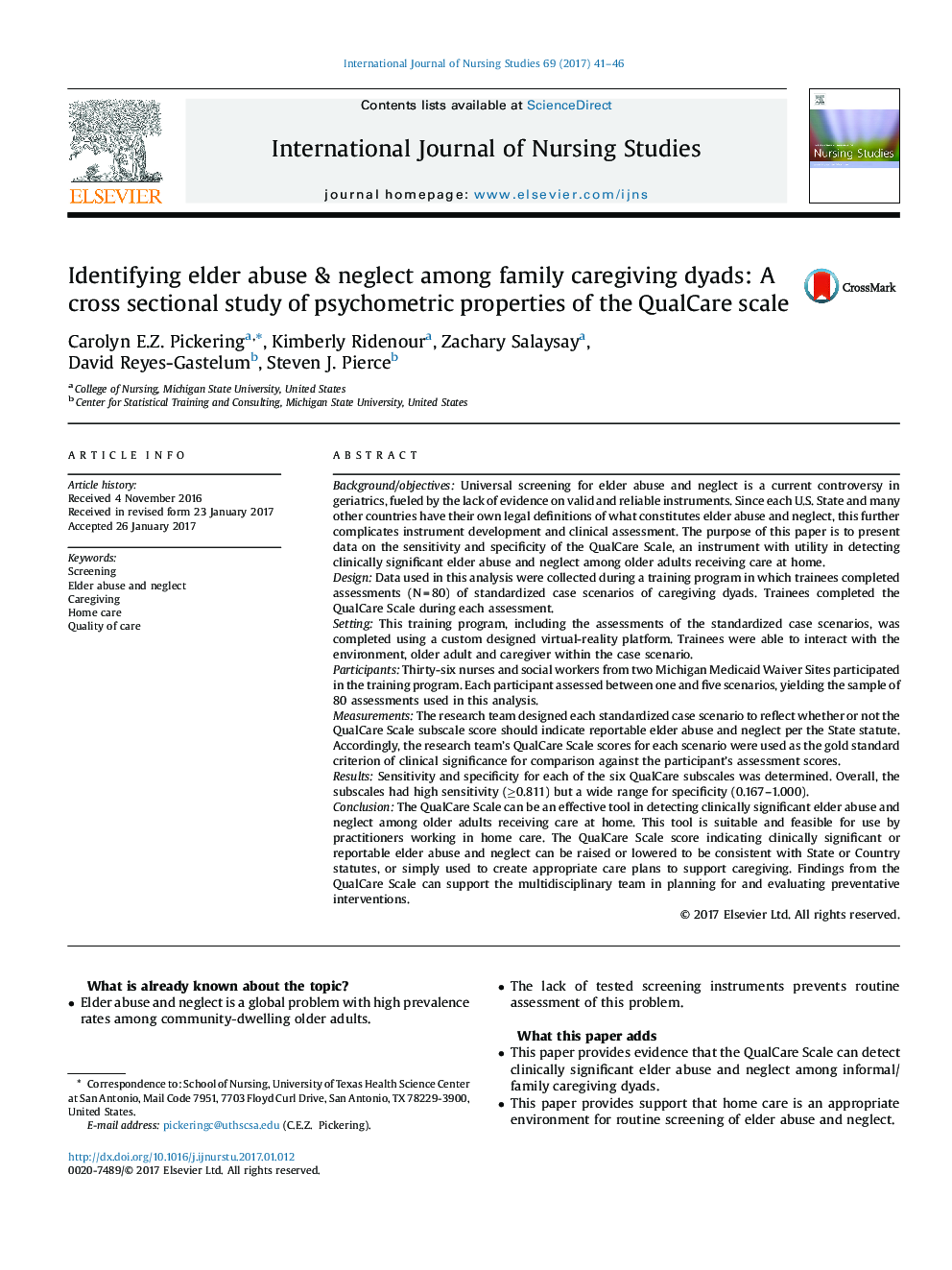 Identifying elder abuse & neglect among family caregiving dyads: A cross sectional study of psychometric properties of the QualCare scale