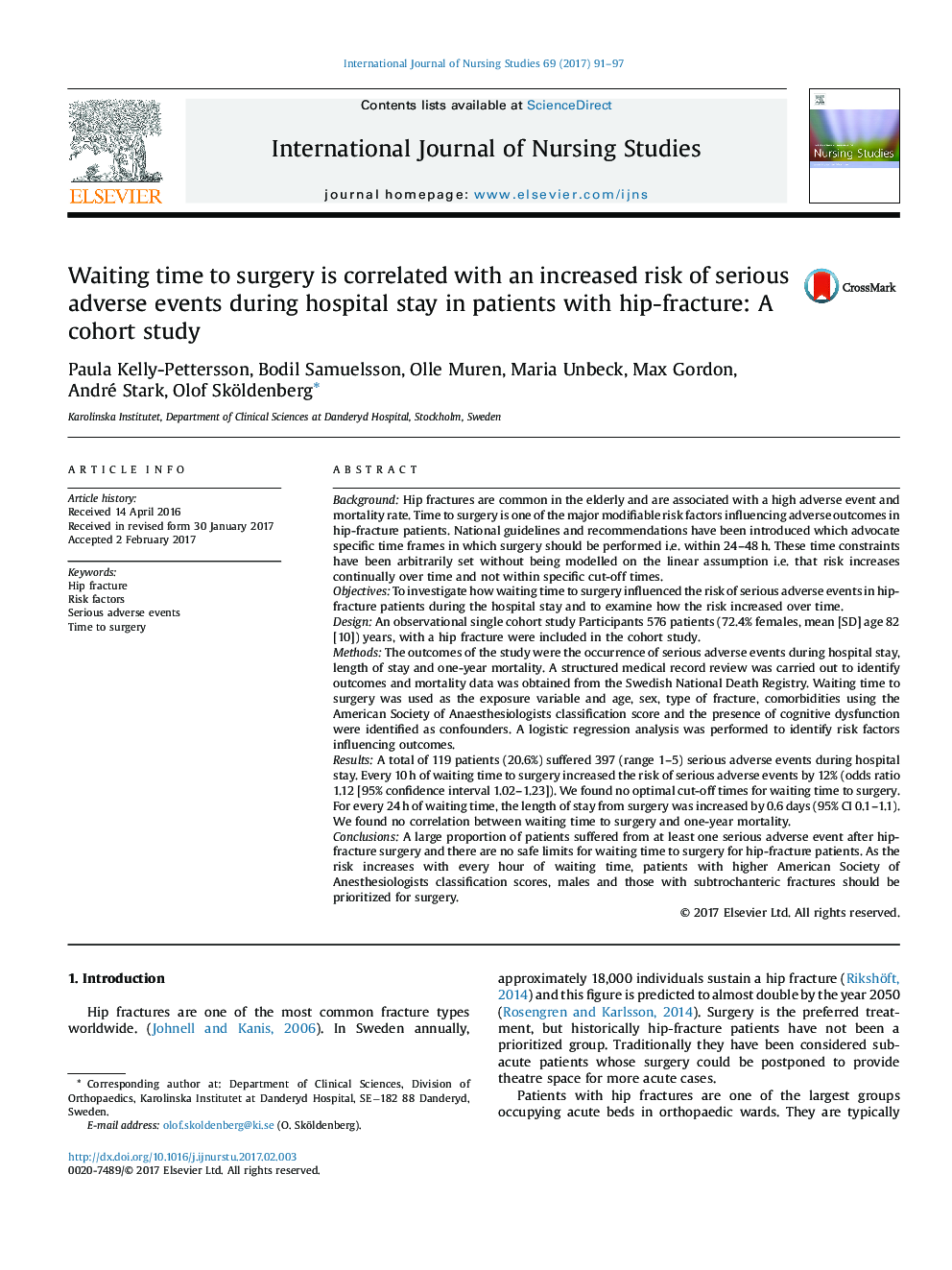 Waiting time to surgery is correlated with an increased risk of serious adverse events during hospital stay in patients with hip-fracture: A cohort study