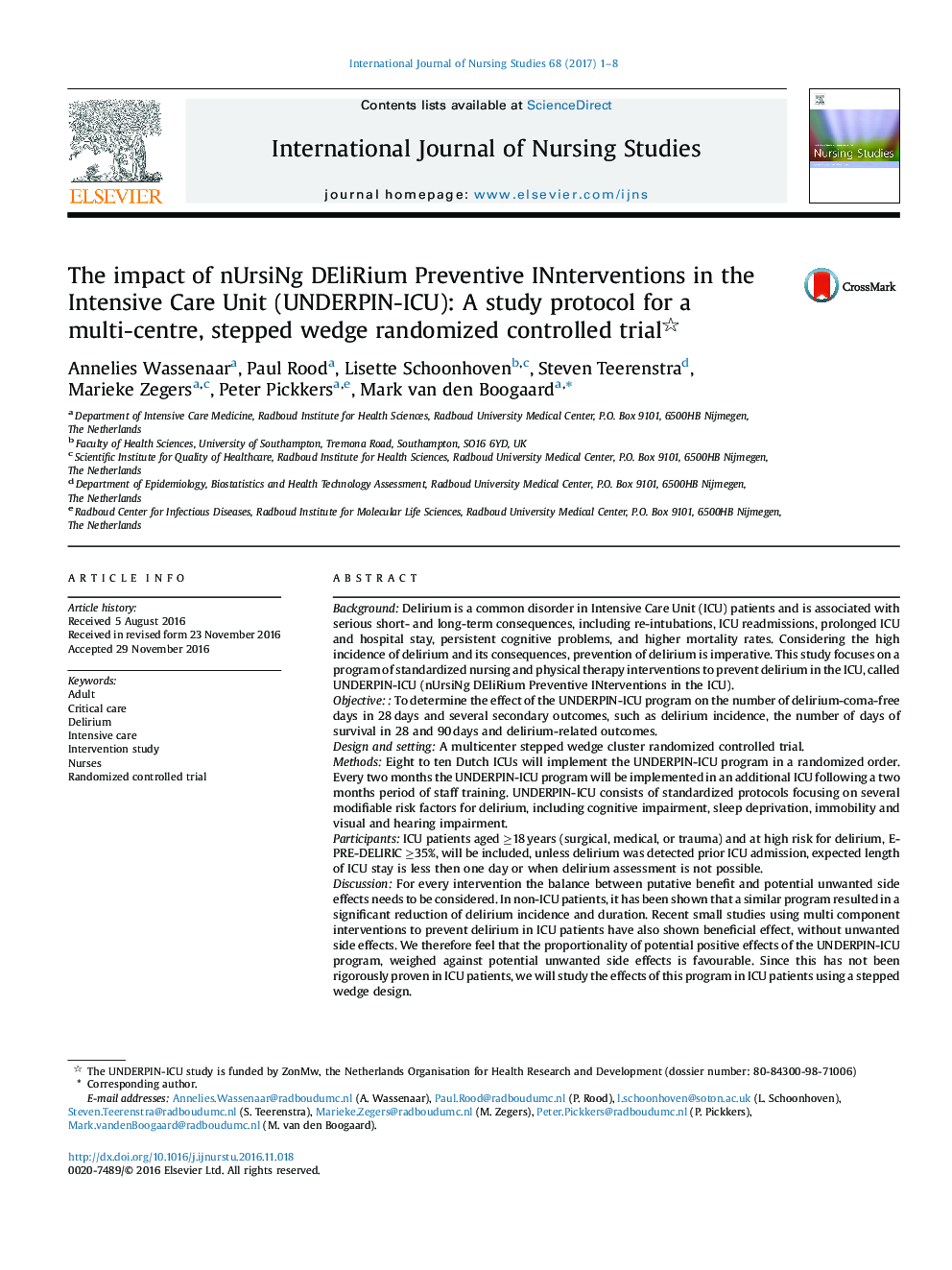 The impact of nUrsiNg DEliRium Preventive INnterventions in the Intensive Care Unit (UNDERPIN-ICU): A study protocol for a multi-centre, stepped wedge randomized controlled trial