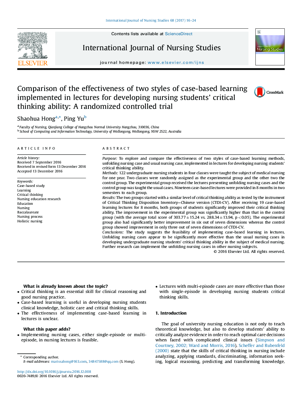 Comparison of the effectiveness of two styles of case-based learning implemented in lectures for developing nursing students' critical thinking ability: A randomized controlled trial