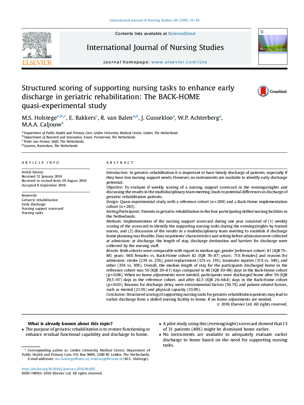 Structured scoring of supporting nursing tasks to enhance early discharge in geriatric rehabilitation: The BACK-HOME quasi-experimental study