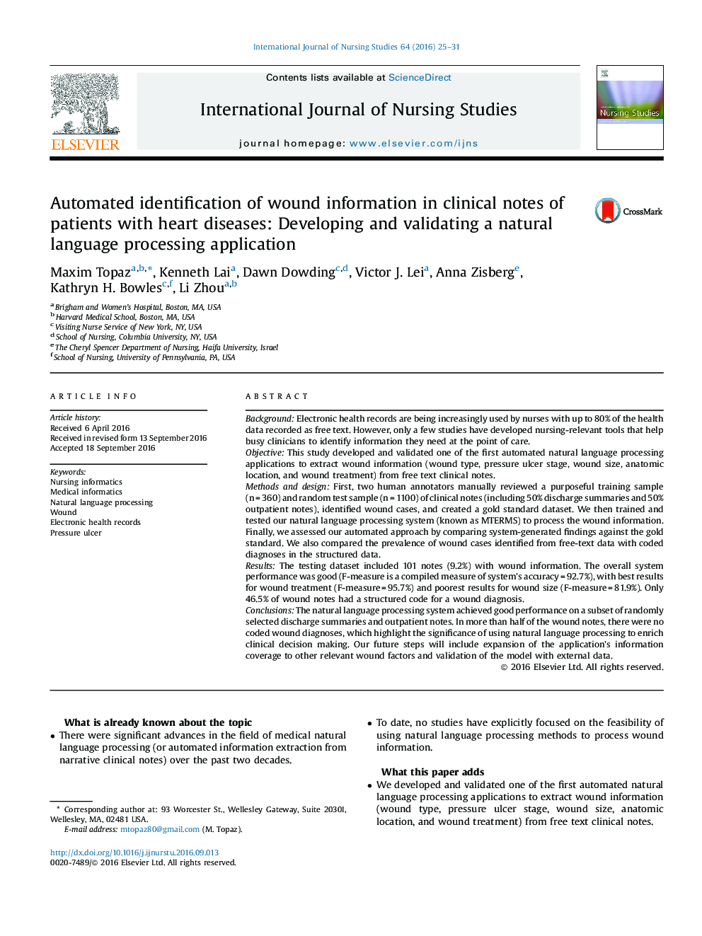 شناسایی خودکار اطلاعات زخم در یادداشت های بالینی بیماران مبتلا به بیماری های قلبی: توسعه و اعتبار یک برنامه پردازش زبان طبیعی 