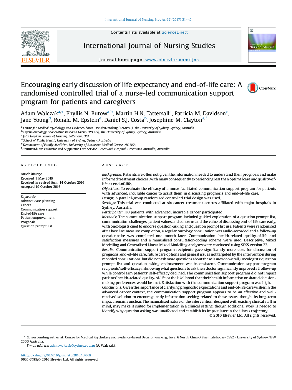 Encouraging early discussion of life expectancy and end-of-life care: A randomised controlled trial of a nurse-led communication support program for patients and caregivers