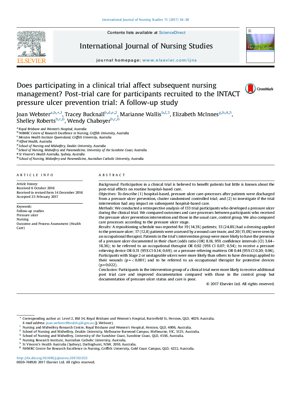 Does participating in a clinical trial affect subsequent nursing management? Post-trial care for participants recruited to the INTACT pressure ulcer prevention trial: A follow-up study
