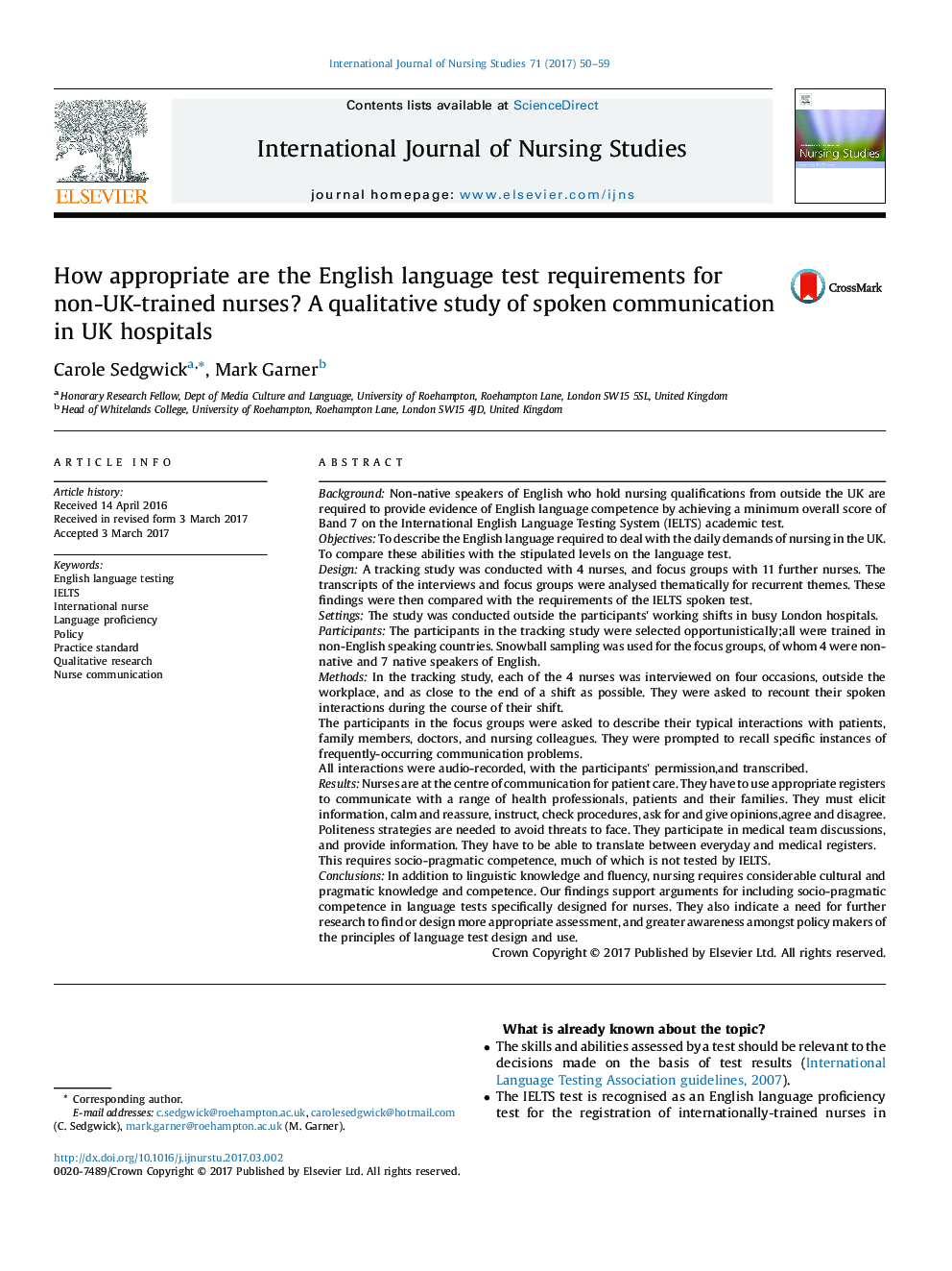 How appropriate are the English language test requirements for non-UK-trained nurses? A qualitative study of spoken communication in UK hospitals