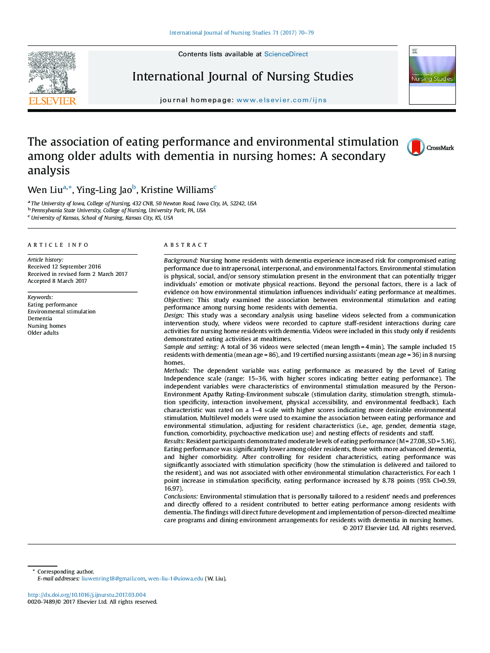 The association of eating performance and environmental stimulation among older adults with dementia in nursing homes: A secondary analysis