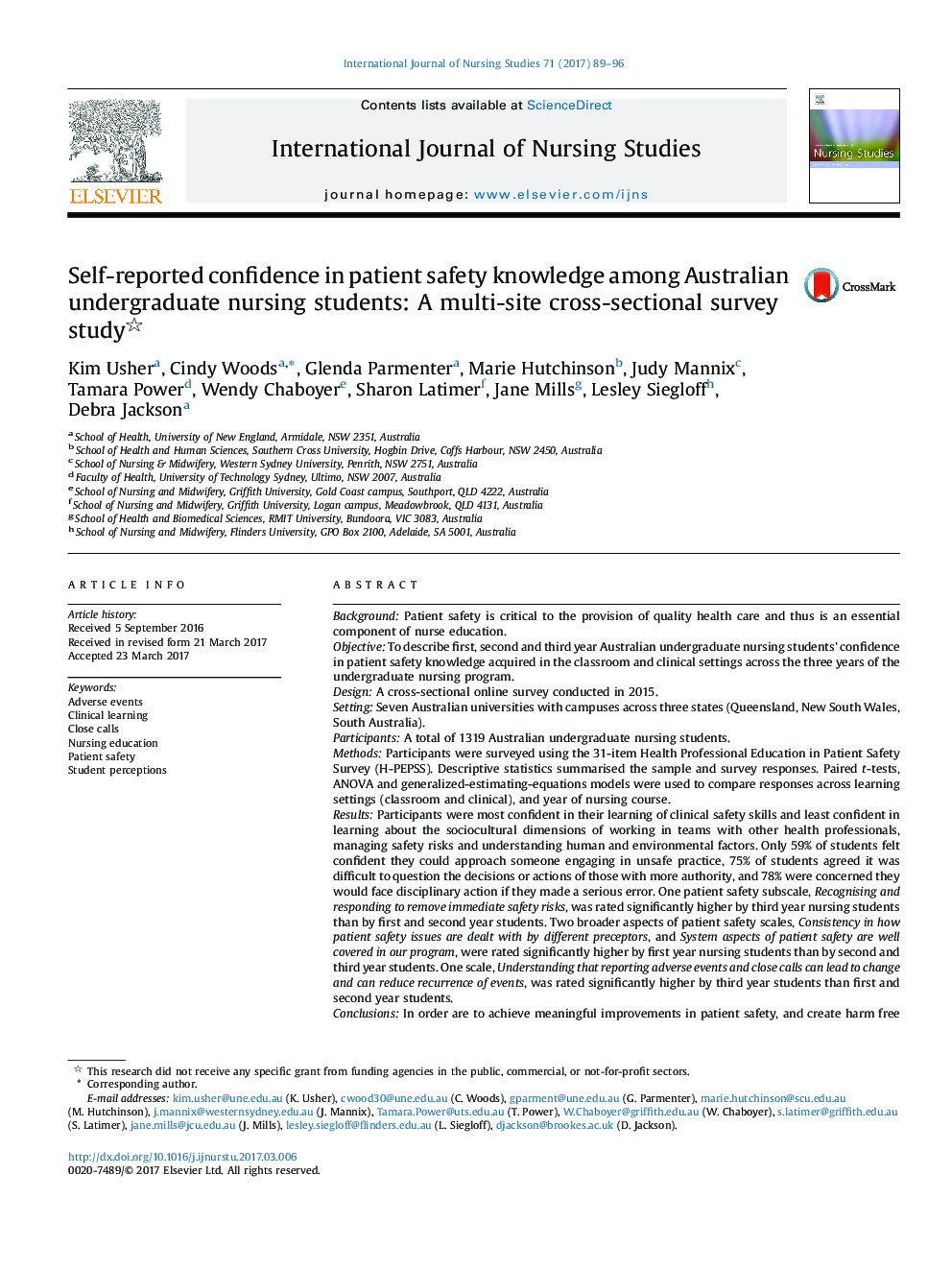 Self-reported confidence in patient safety knowledge among Australian undergraduate nursing students: A multi-site cross-sectional survey study