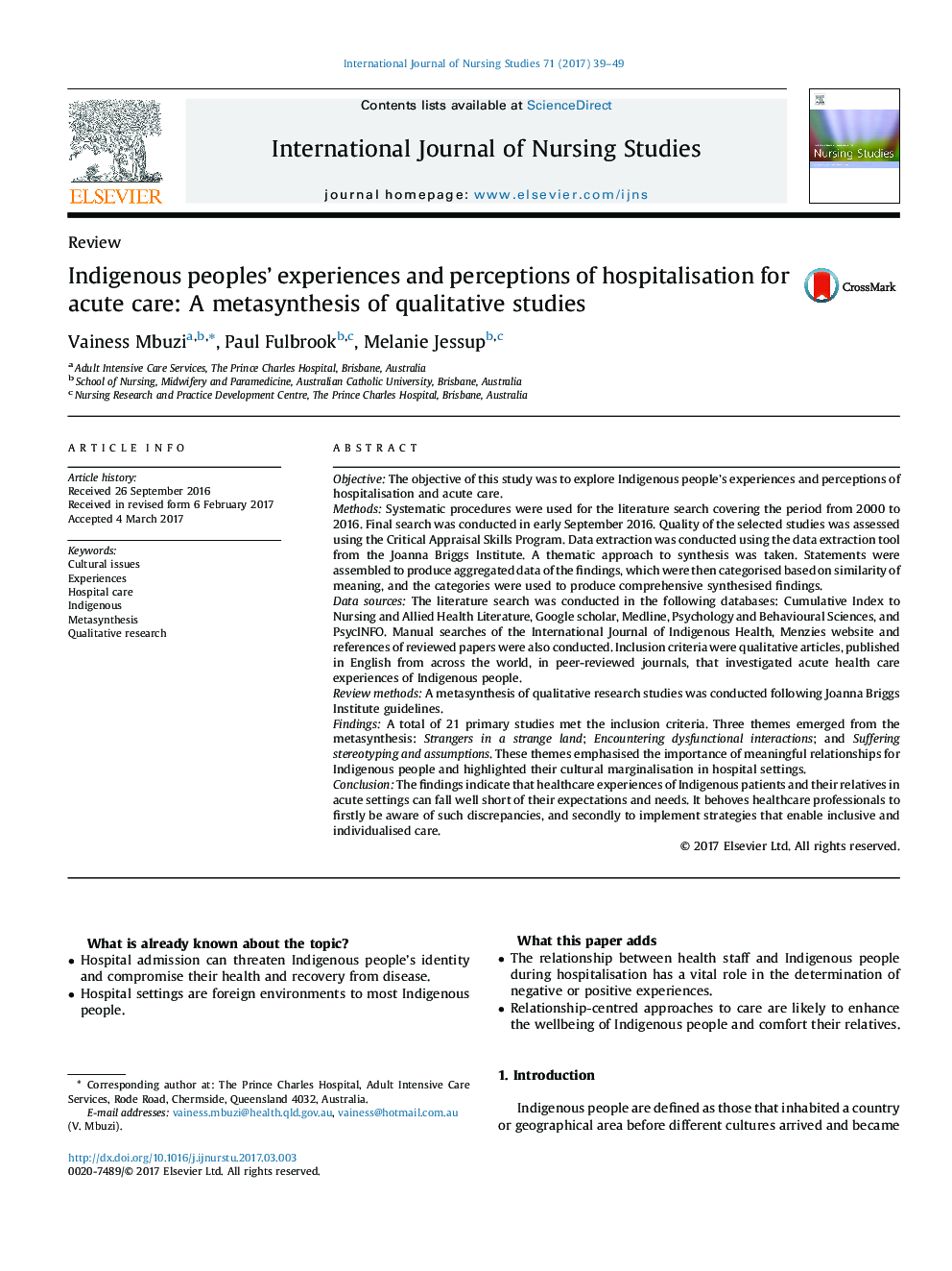 Indigenous peoples' experiences and perceptions of hospitalisation for acute care: A metasynthesis of qualitative studies