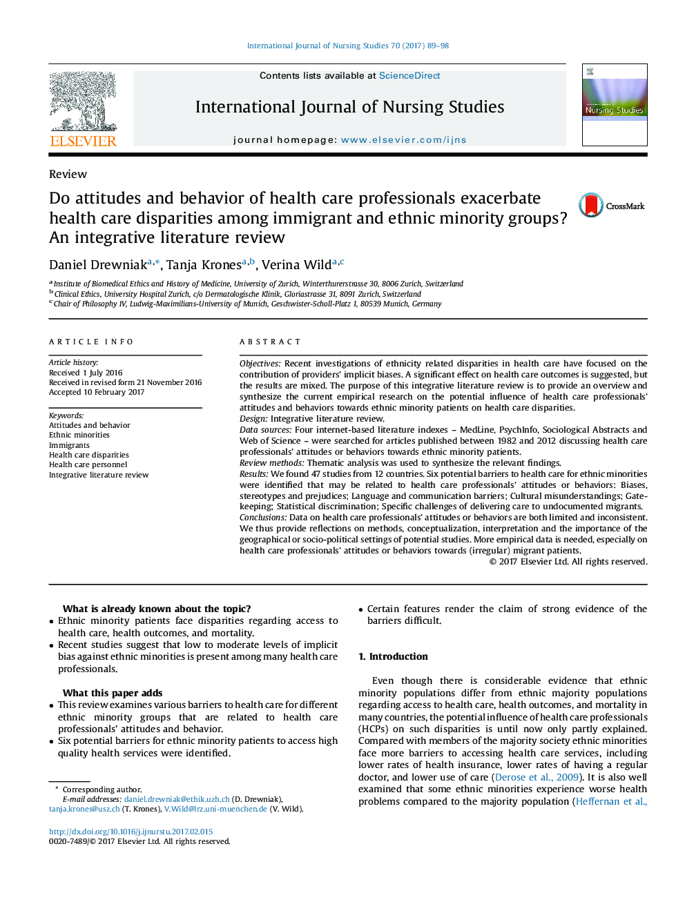 Do attitudes and behavior of health care professionals exacerbate health care disparities among immigrant and ethnic minority groups? An integrative literature review