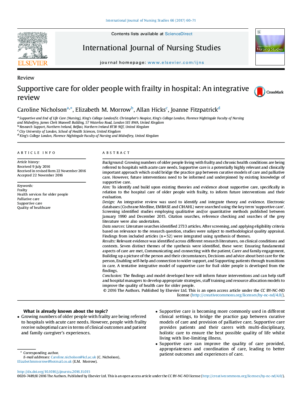 Supportive care for older people with frailty in hospital: An integrative review