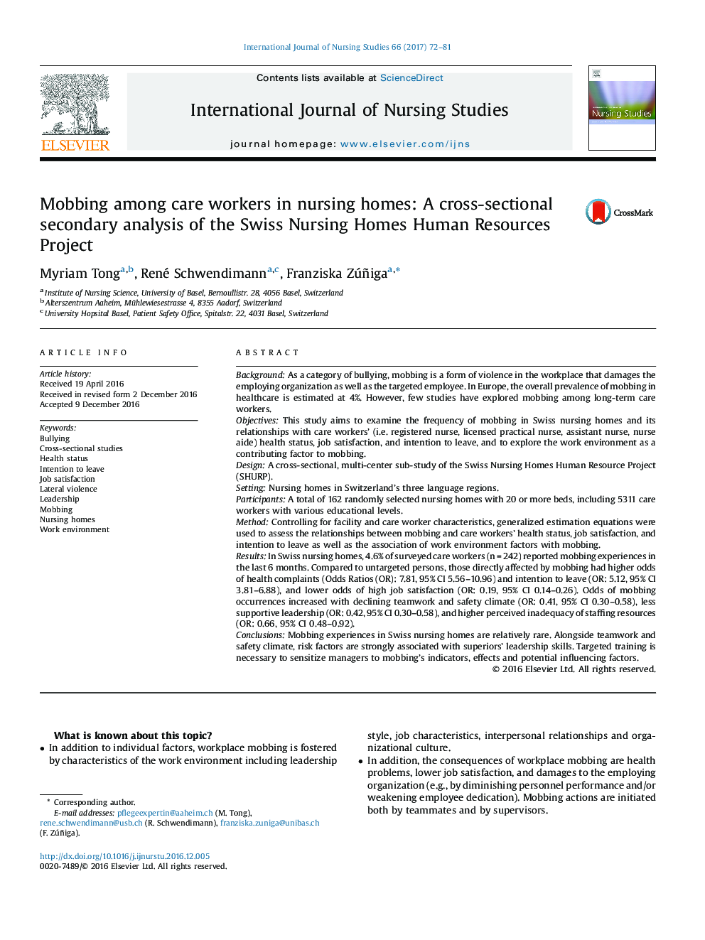 Mobbing among care workers in nursing homes: A cross-sectional secondary analysis of the Swiss Nursing Homes Human Resources Project