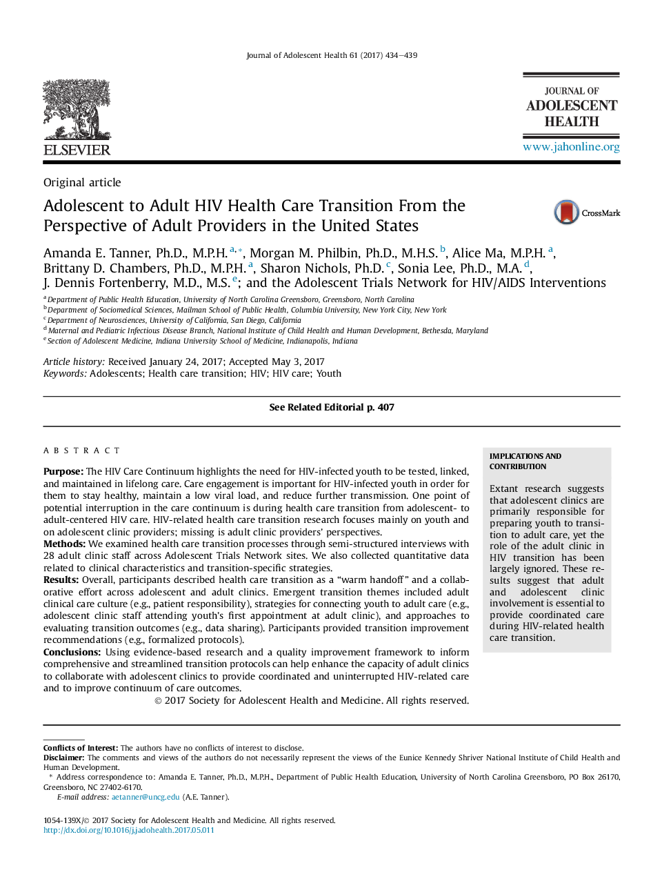 Adolescent to Adult HIV Health Care Transition From the Perspective of Adult Providers in the United States