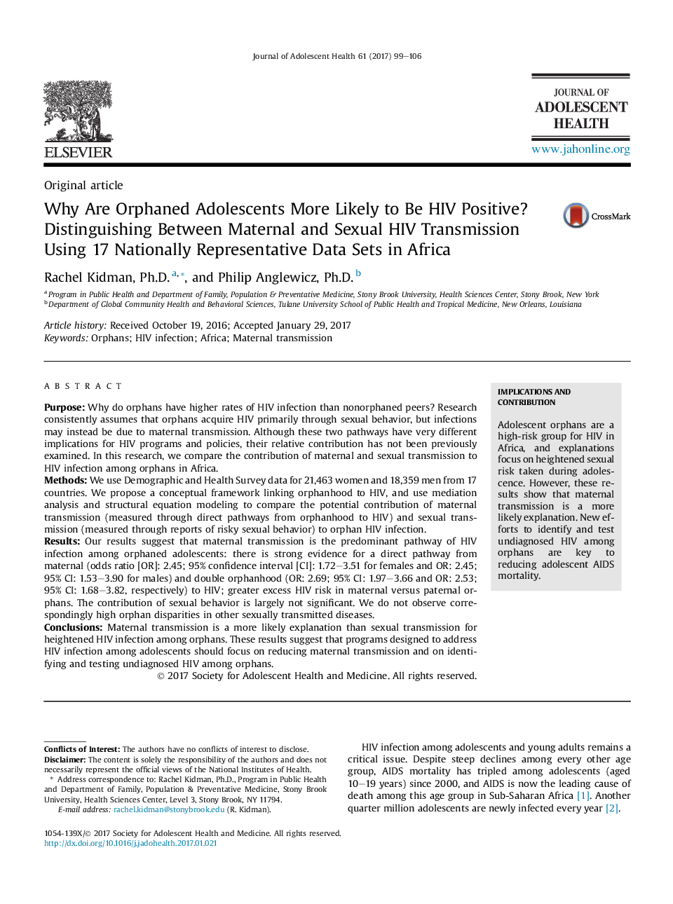 Why Are Orphaned Adolescents More Likely to Be HIV Positive? Distinguishing Between Maternal and Sexual HIV Transmission Using 17Â Nationally Representative Data Sets in Africa