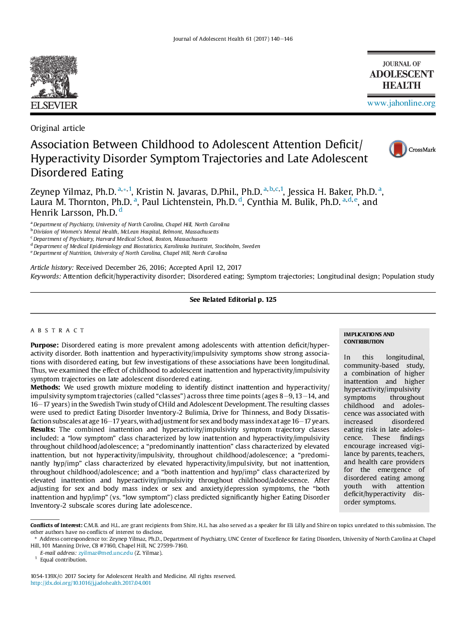 Association Between Childhood to Adolescent Attention Deficit/Hyperactivity Disorder Symptom Trajectories and Late Adolescent Disordered Eating