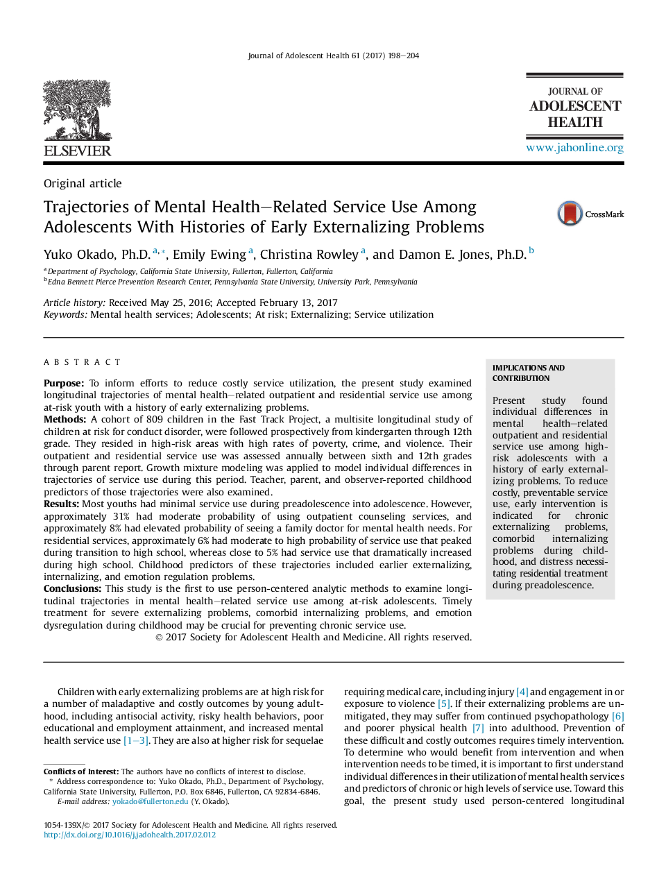 Trajectories of Mental Health-Related Service Use Among Adolescents With Histories of Early Externalizing Problems