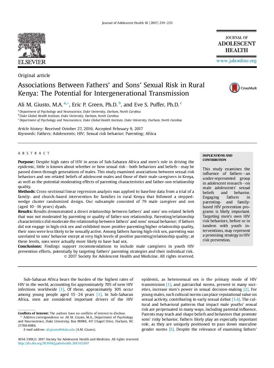 Associations Between Fathers' and Sons' Sexual Risk in Rural Kenya: The Potential for Intergenerational Transmission