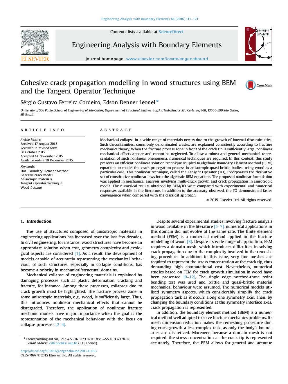 Cohesive crack propagation modelling in wood structures using BEM and the Tangent Operator Technique