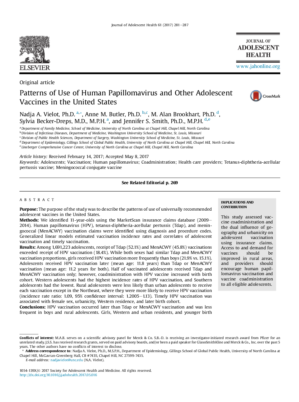 Patterns of Use of Human Papillomavirus and Other Adolescent Vaccines in the United States