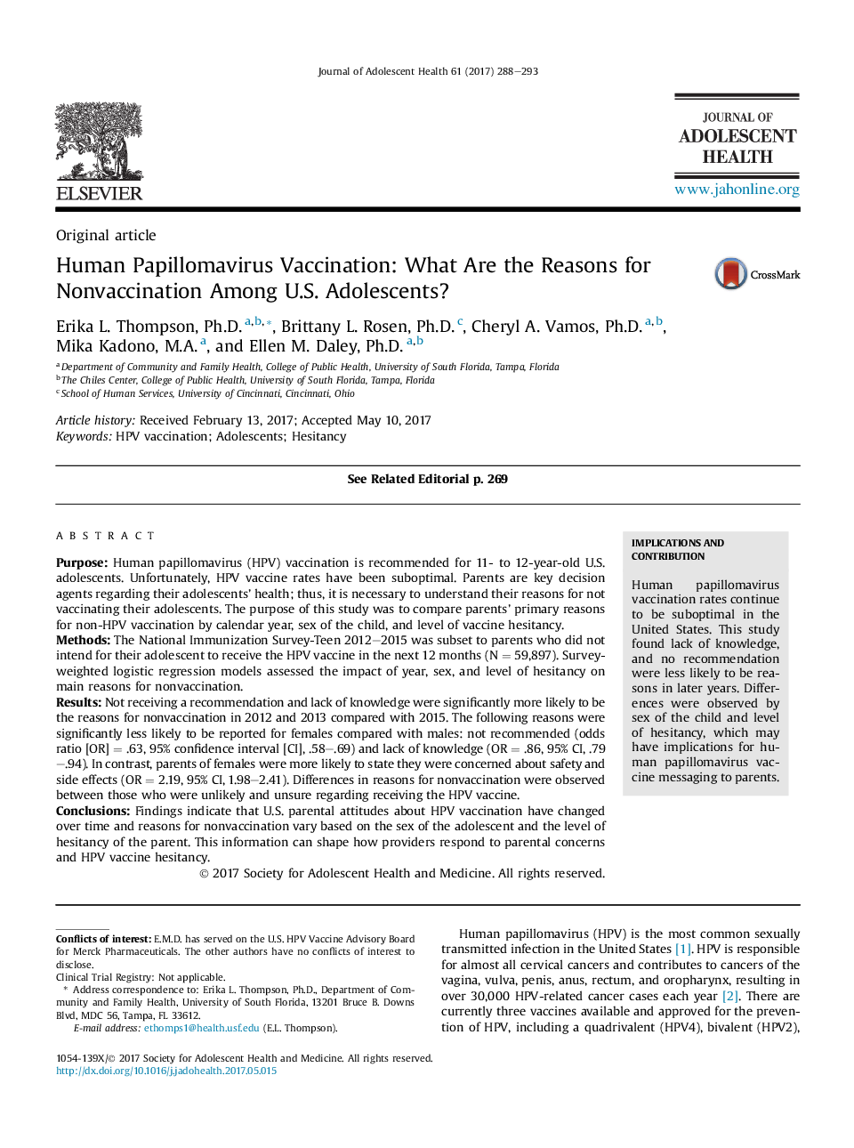 Human Papillomavirus Vaccination: What Are the Reasons for Nonvaccination Among U.S. Adolescents?