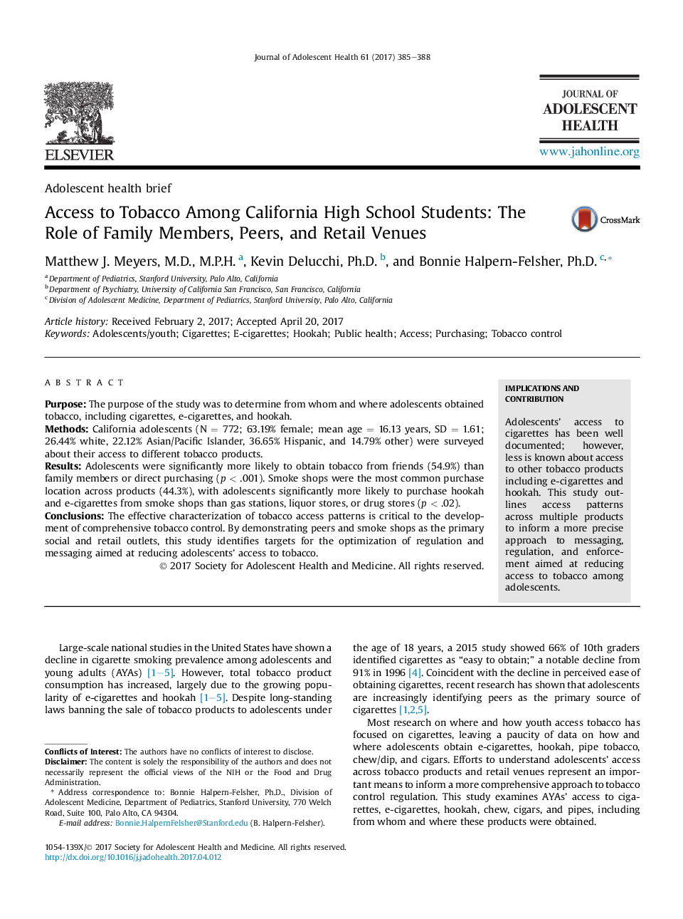 Access to Tobacco Among California High School Students: The Role of Family Members, Peers, and Retail Venues