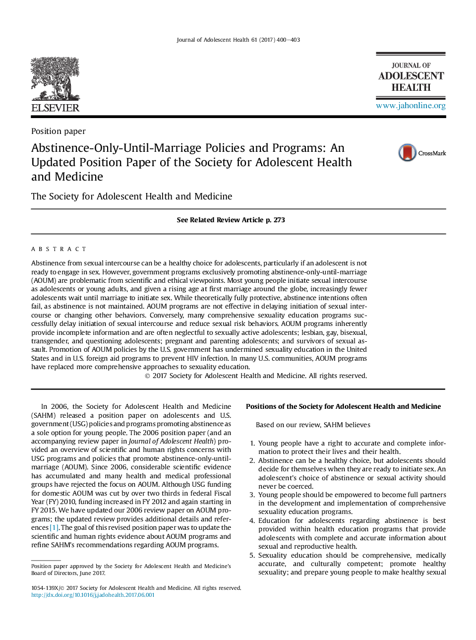 Abstinence-Only-Until-Marriage Policies and Programs: An Updated Position Paper of the Society for Adolescent Health andÂ Medicine