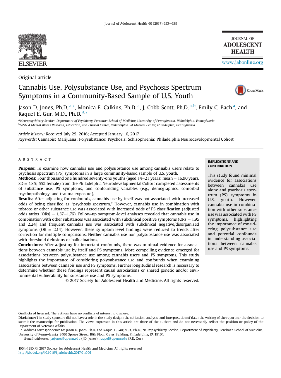 Cannabis Use, Polysubstance Use, and Psychosis Spectrum Symptoms in a Community-Based Sample of U.S. Youth