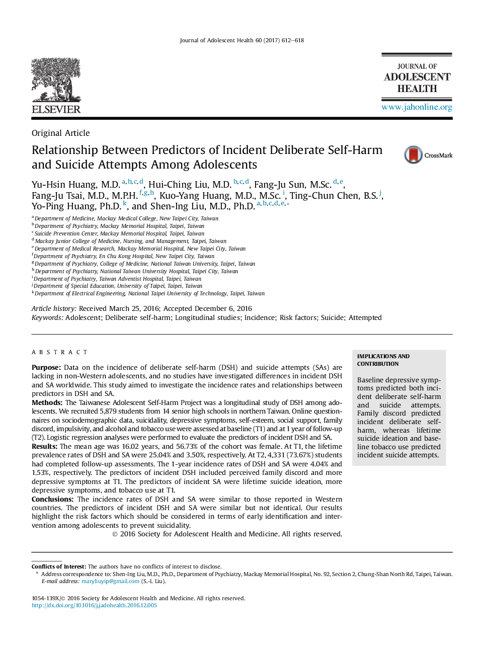 Relationship Between Predictors of Incident Deliberate Self-Harm and Suicide Attempts Among Adolescents