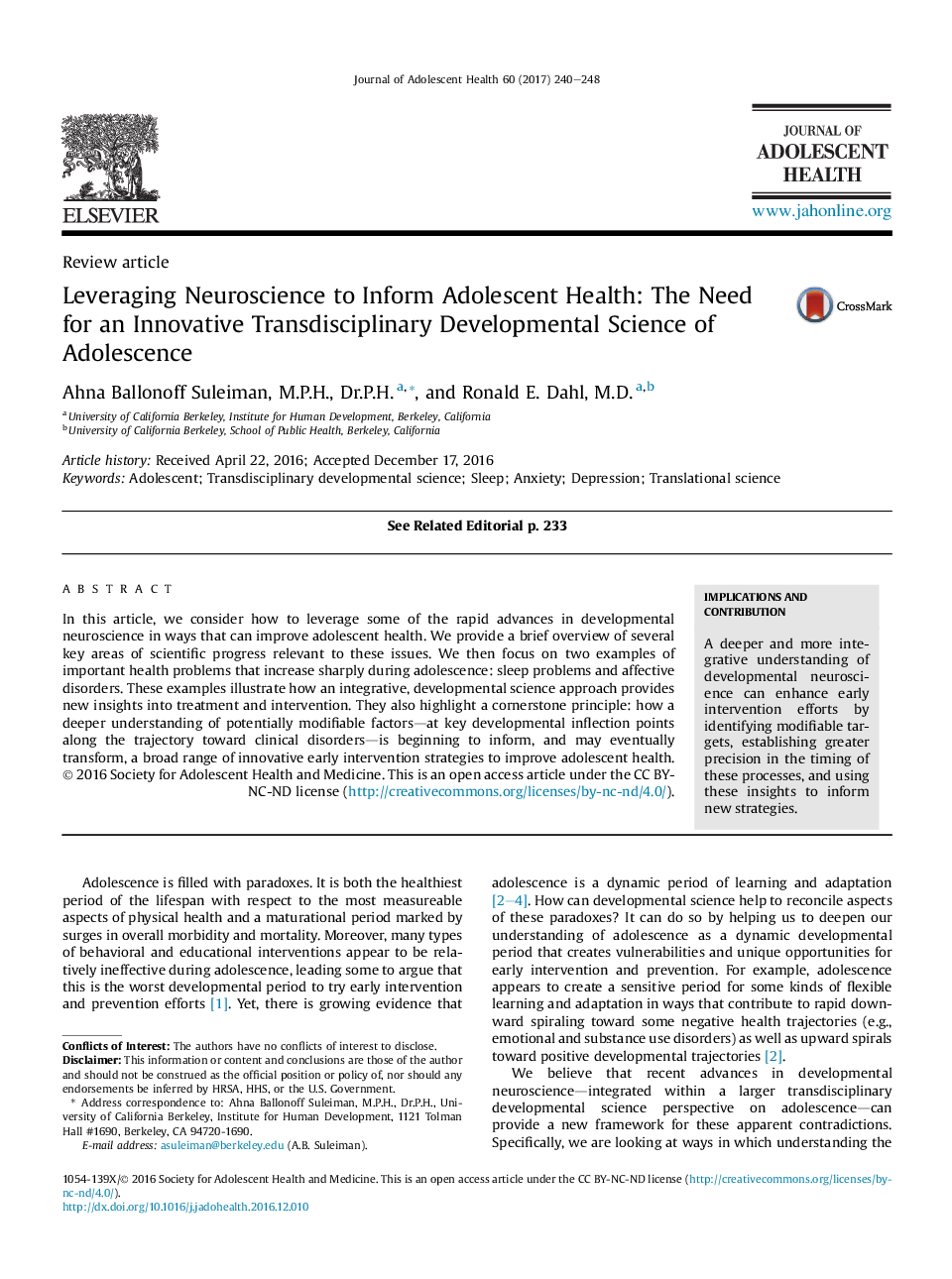 Leveraging Neuroscience to Inform Adolescent Health: The Need for an Innovative Transdisciplinary Developmental Science of Adolescence