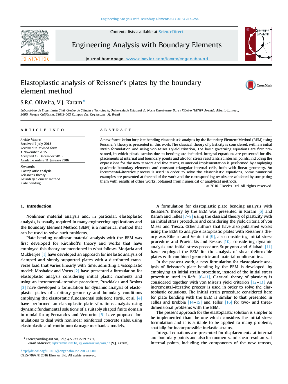 Elastoplastic analysis of Reissner׳s plates by the boundary element method