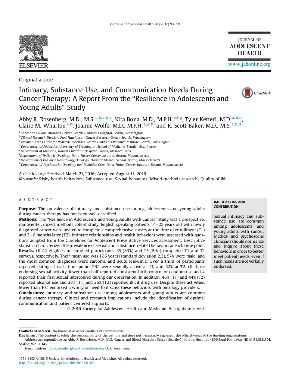 Intimacy, Substance Use, and Communication Needs During Cancer Therapy: A Report From the “Resilience in Adolescents and Young Adults” Study