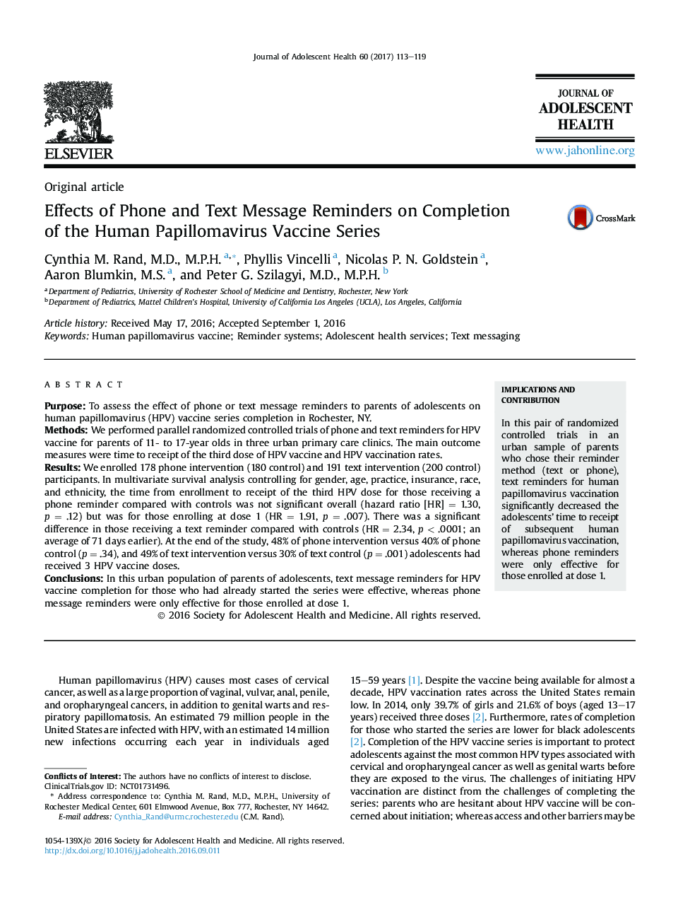 Effects of Phone and Text Message Reminders on Completion of the Human Papillomavirus Vaccine Series