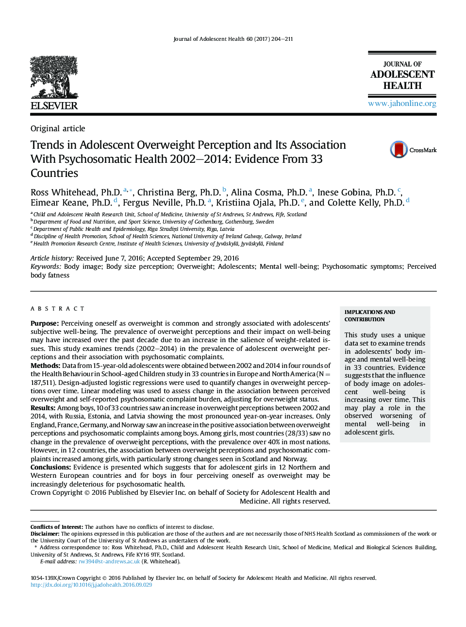 Trends in Adolescent Overweight Perception and Its Association With Psychosomatic Health 2002-2014: Evidence From 33 Countries