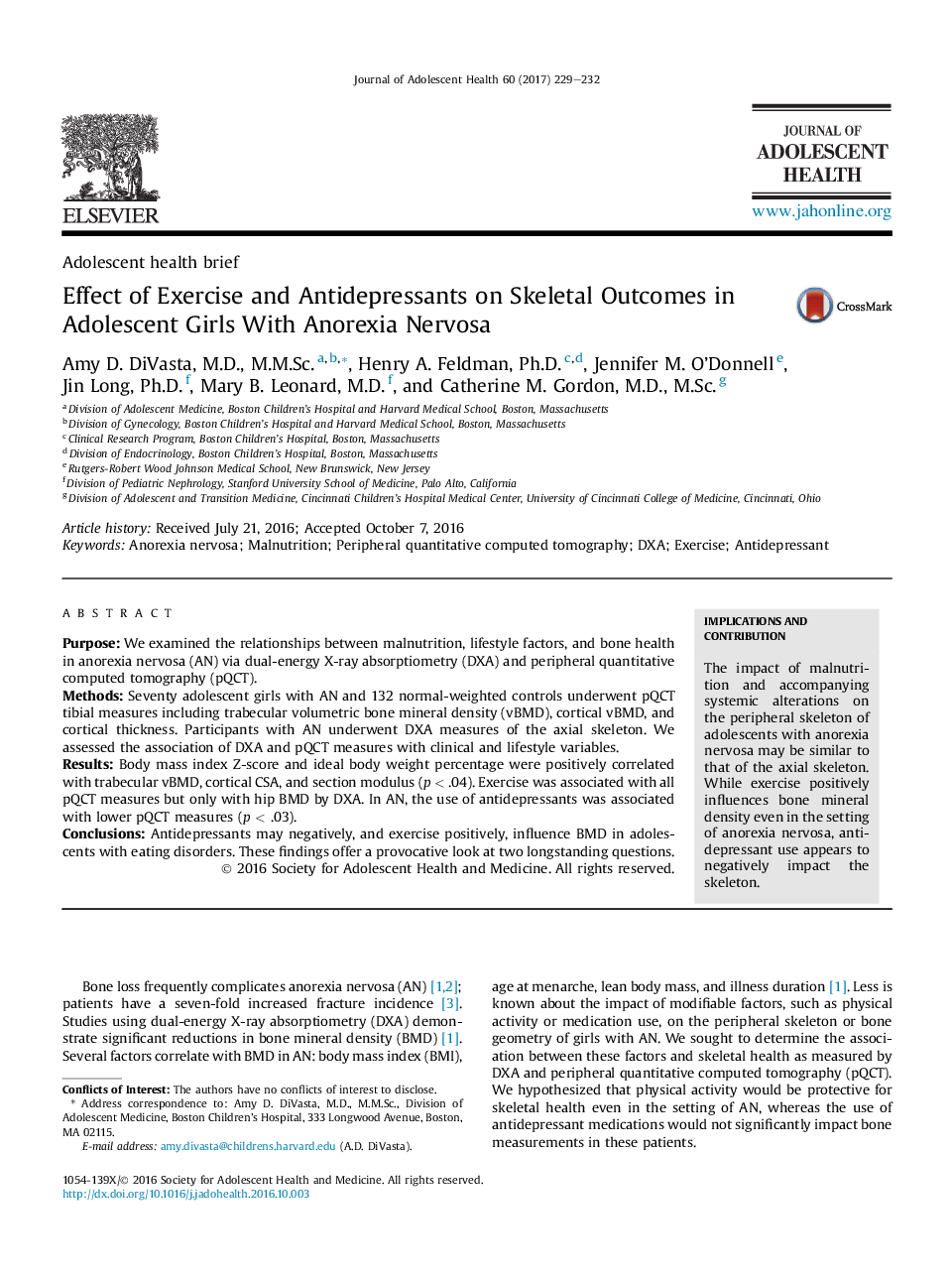 Adolescent health briefEffect of Exercise and Antidepressants on Skeletal Outcomes in Adolescent Girls With Anorexia Nervosa