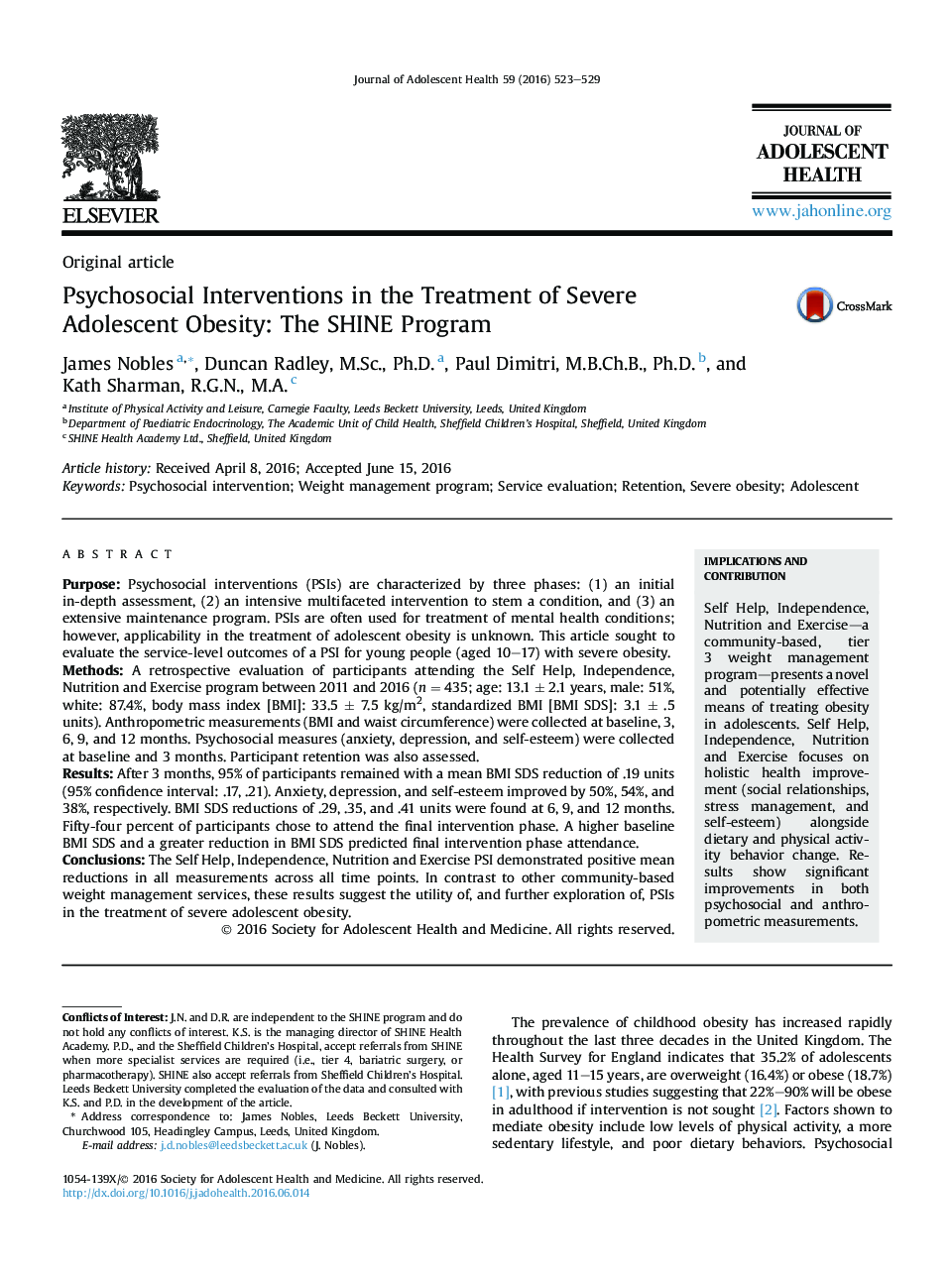 Psychosocial Interventions in the Treatment of Severe Adolescent Obesity: The SHINE Program