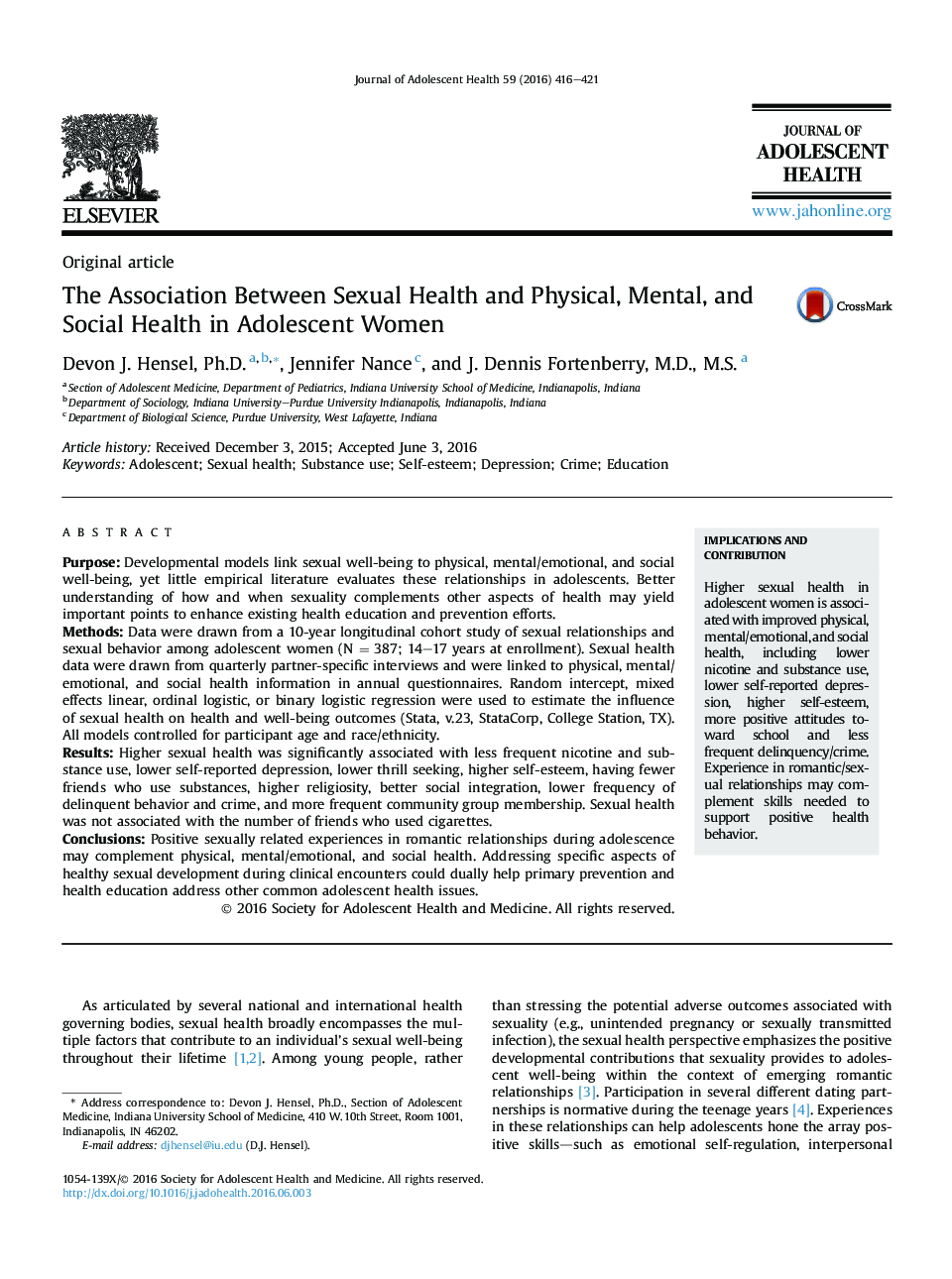 The Association Between Sexual Health and Physical, Mental, and Social Health in Adolescent Women