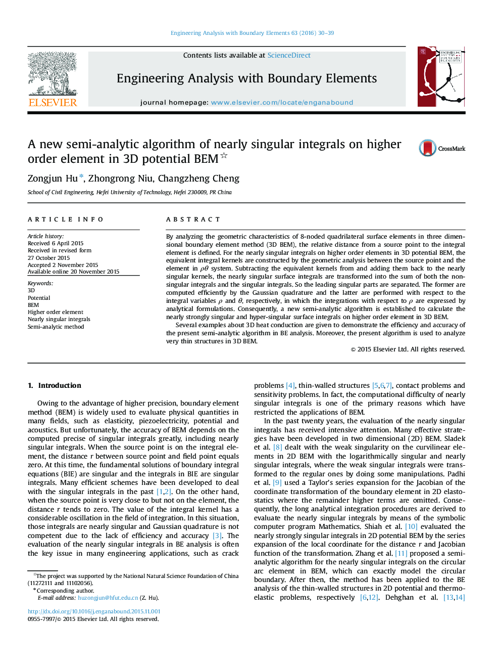 A new semi-analytic algorithm of nearly singular integrals on higher order element in 3D potential BEM 