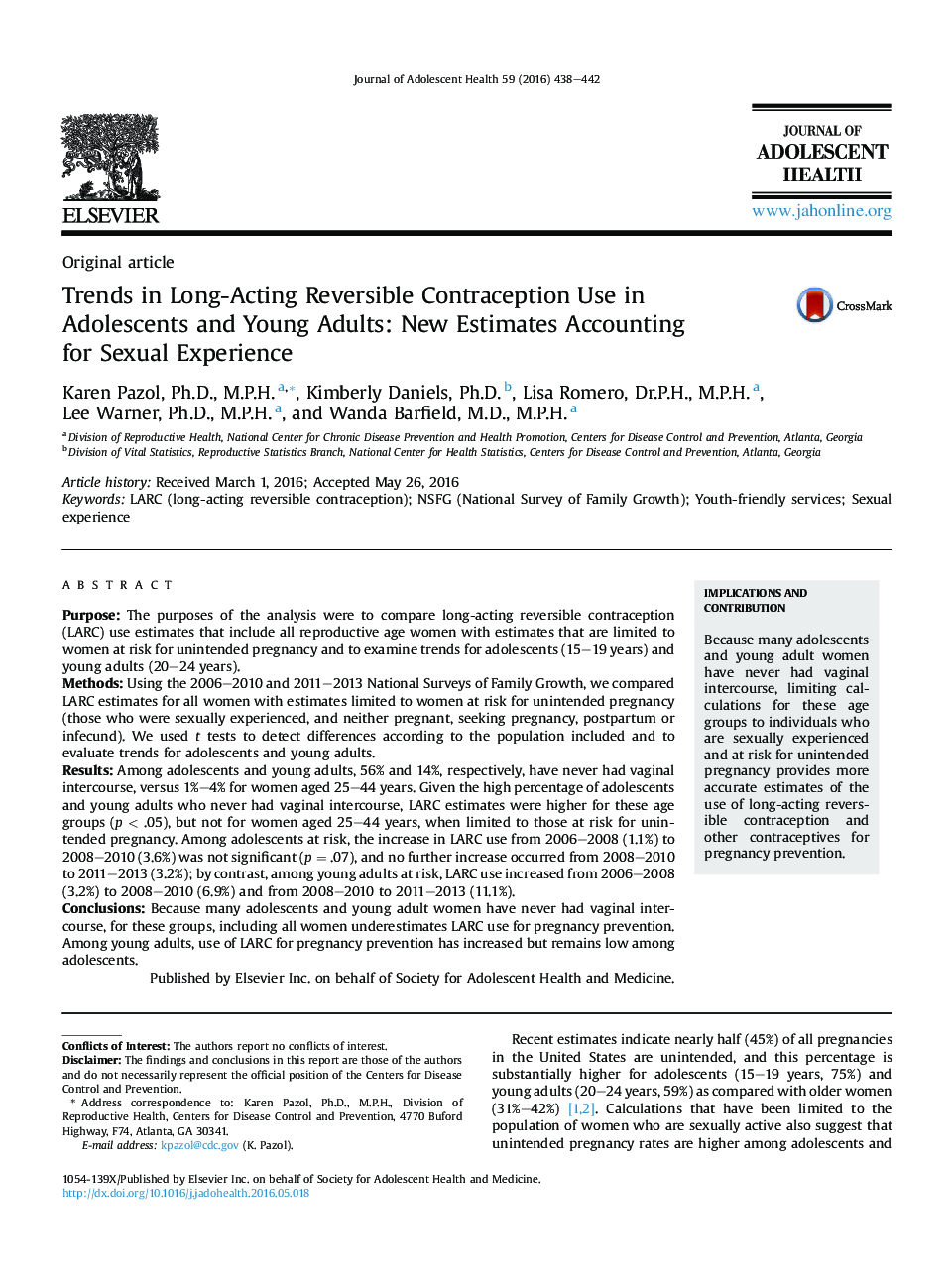 Trends in Long-Acting Reversible Contraception Use in Adolescents and Young Adults: New Estimates Accounting for Sexual Experience