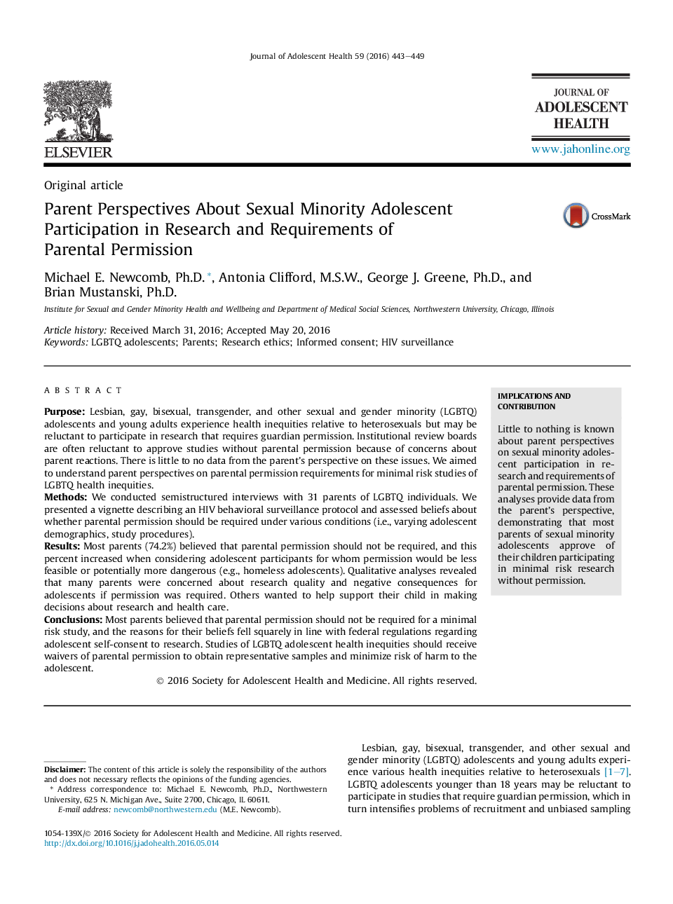 Parent Perspectives About Sexual Minority Adolescent Participation in Research and Requirements of Parental Permission