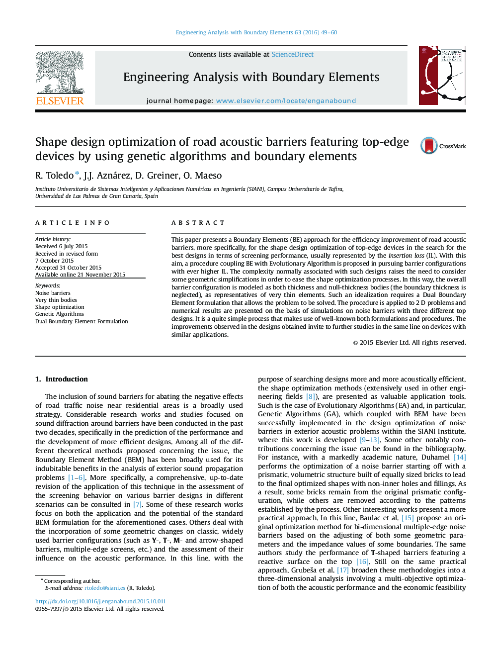 Shape design optimization of road acoustic barriers featuring top-edge devices by using genetic algorithms and boundary elements